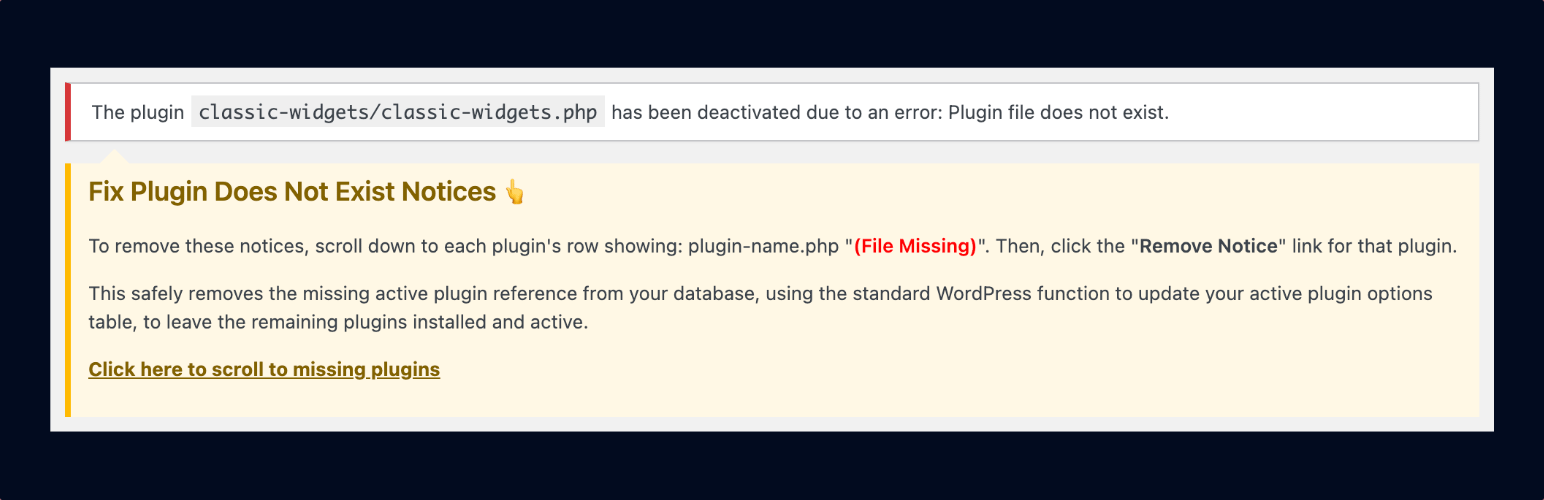 /wpallstars/wp-fix-plugin-does-not-exist-notices/raw/commit/36f2c6ab9992e1d6f50735bf957af5918102c80b/.wordpress-org/assets/banner-1544x500.png