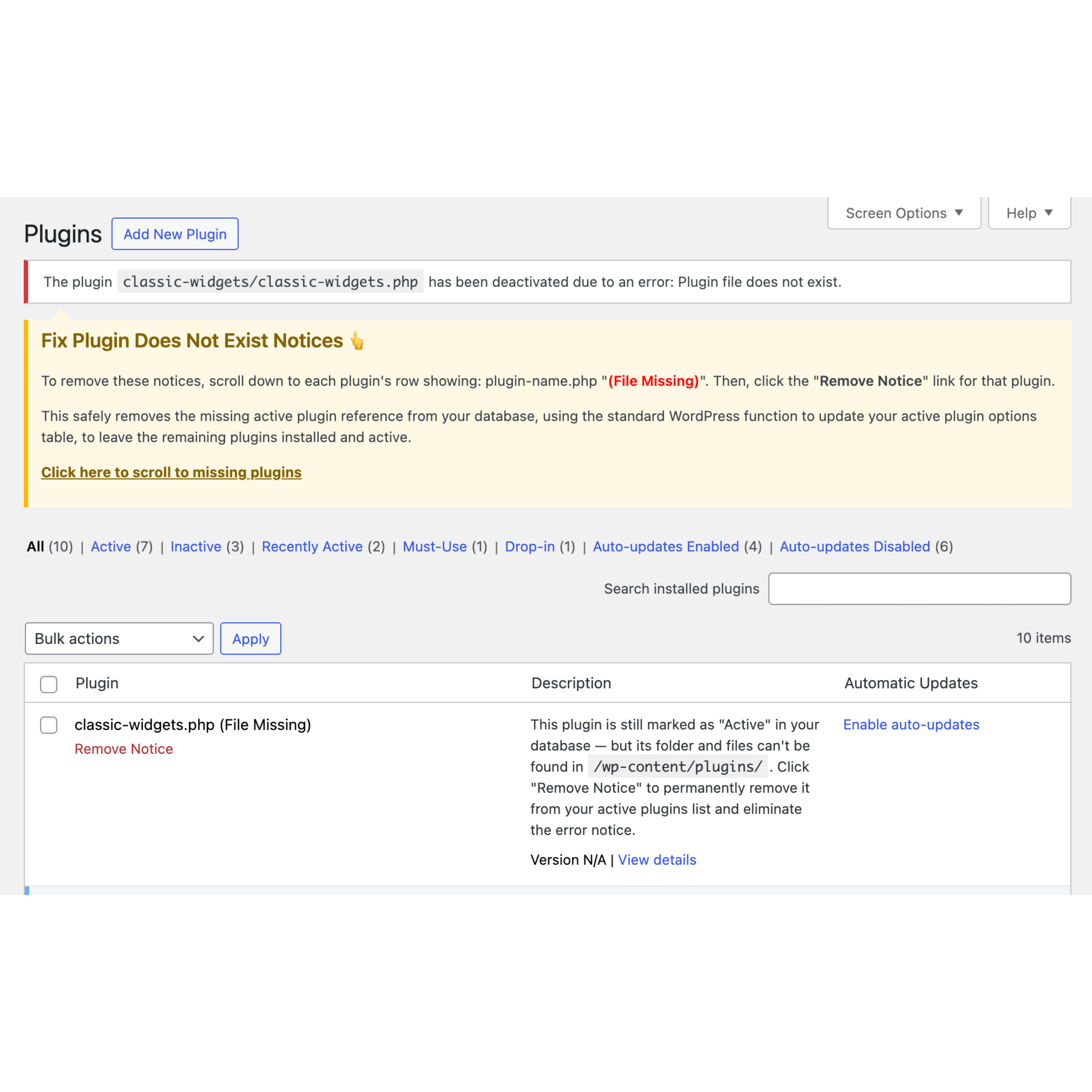 /wpallstars/wp-fix-plugin-does-not-exist-notices/raw/commit/36f2c6ab9992e1d6f50735bf957af5918102c80b/.wordpress-org/assets/screenshot-1.png